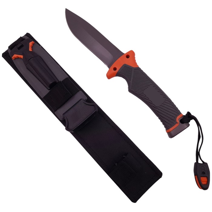 Cutit de vanatoare IdeallStore&reg;, Survival King, 25 cm, otel inoxidabil, portocaliu, husa inclusa