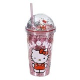 Pahar Plastic cu Perete Dublu, Capac și Pai Roz Hello Kitty 475ml, CMCLASS