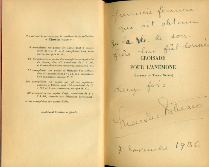 Croisade pour L&#039;Anemone - Pricesse Bibesco- semnatura olografa 1931