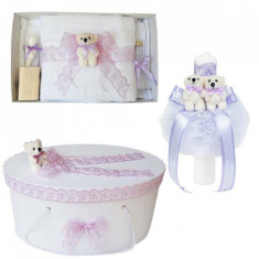 Set trusou botez, cutie trusou si lumanare, dantela si Ursuleti, decor Lila,