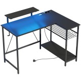 HOMCOM Birou Gaming Reversibil &icirc;n L cu LED, 114,5x82 cm Birou Colțar cu Prize Electrice, Suport pentru Monitor și Rafturi Reglabile din Rețea, Stație