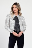 Bluza Dama din Satin, Alba cu puncte negre, Eleganta cu Funda V305 - M