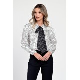 Bluza Dama din Satin, Alba cu puncte negre, Eleganta cu Funda V305 - S