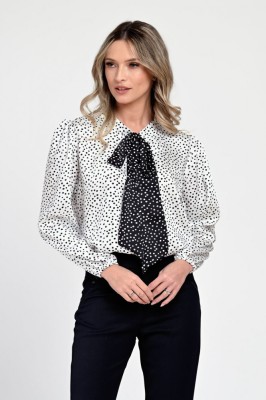 Bluza Dama din Satin, Alba cu puncte negre, Eleganta cu Funda V305 - M foto