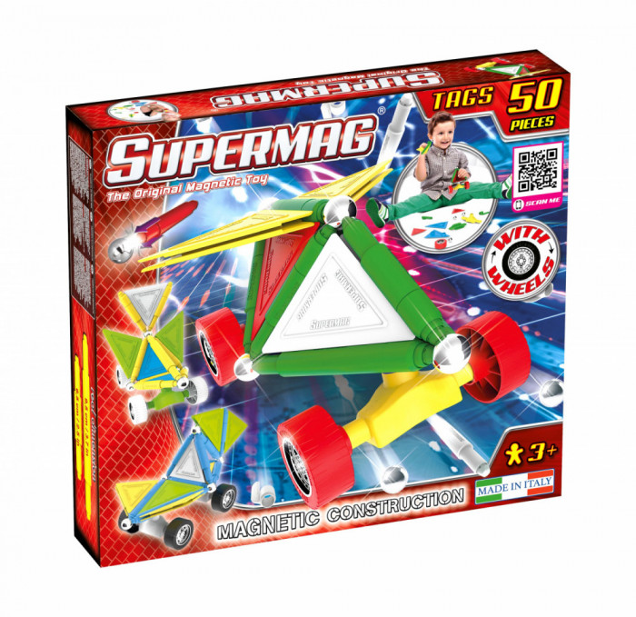 Set de constructie masini cu piese magnetice Supermag, 50 piese