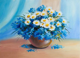 Tablou canvas Flori, margarete, alb, albastru, pictura, buchet2, 75 x 50 cm