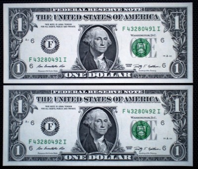 110 USA SUA 2X1 DOLLAR 2009 SERII CONSECUTIVE SR. 491-492 AUNC/UNC foto
