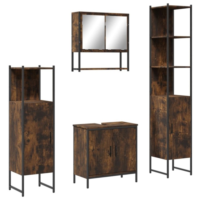 Set mobilier de baie, 4 piese, stejar fumuriu, lemn prelucrat