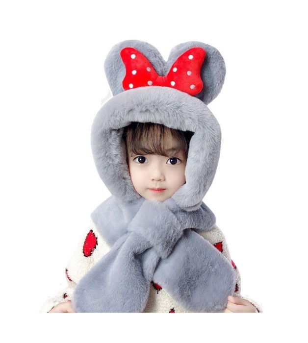 Caciula pentru iarna cu fular pentru copii, foarte calduroasa cu fundita rosie