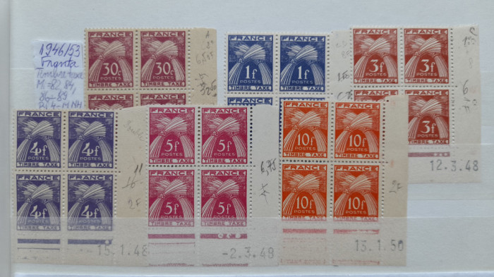 1946-1953-Franta-Timbre taxe-Mi=82,84,86 la 89-Bl4-MNH