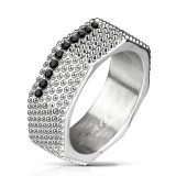 Inel din oțel - stil industrial, șurub masiv cu elemente saliente și zirconi negri - Marime inel: 64
