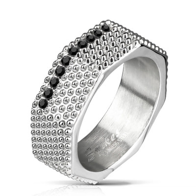 Inel din oțel - stil industrial, șurub masiv cu elemente saliente și zirconi negri - Marime inel: 64 foto