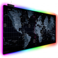 Mousepad gaming HautStore, RGB, LED, 8 Moduri iluminare, 800 x 300 x 4mm, Model harta lumii, Negru