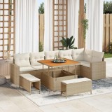 Set de canapele de grădină cu 9 piese, perne incluse, bej, din rattan sintetic, acacia.