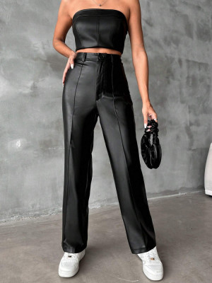 Pantaloni cu talie inalta, model piele, negru, dama, Shein foto