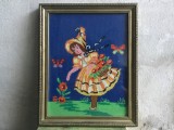 arta / design / vintage - Tablou goblen / cusatura Fetita cu flori in rama de lemn !