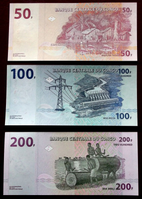 LOT SET 3 bancnote Congo 50 + 100 + 200 Francs 2013 UNC necirculate ** foto
