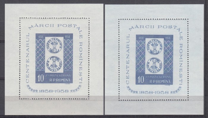 ROMANIA 1958 LP 464 CENTENARUL MARCII POSTALE HARTIE ALBA+HARTIE ALBASTRUIE MNH