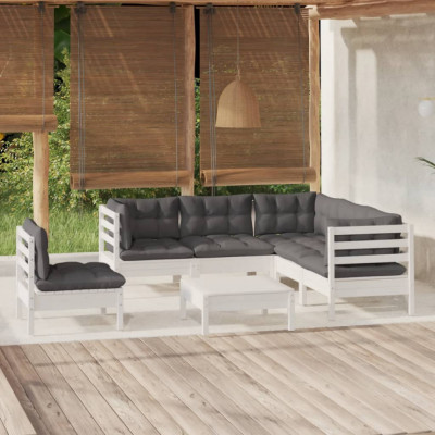 vidaXL Set mobilier de grădină cu perne, 6 piese, alb, lemn de pin foto