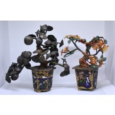 Copacei cu pietre semipretioase / arbori bonsai in ghivece din bronz cu email - atelier Asia inceput de secol XX