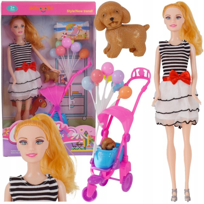 Păpușă cu cărucior și set de c&acirc;ini, plimbare &icirc;n cărucior cu animale de companie pentru copii