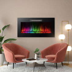 Șemineu electric încorporat cu radiator și LED RGB, 91x15x48 cm, 2000W - Design realist, termostat încorporat, efect flacără independent, potrivit pen