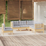 Set mobilier gradina cu perne gri, 5 piese, lemn masiv de pin