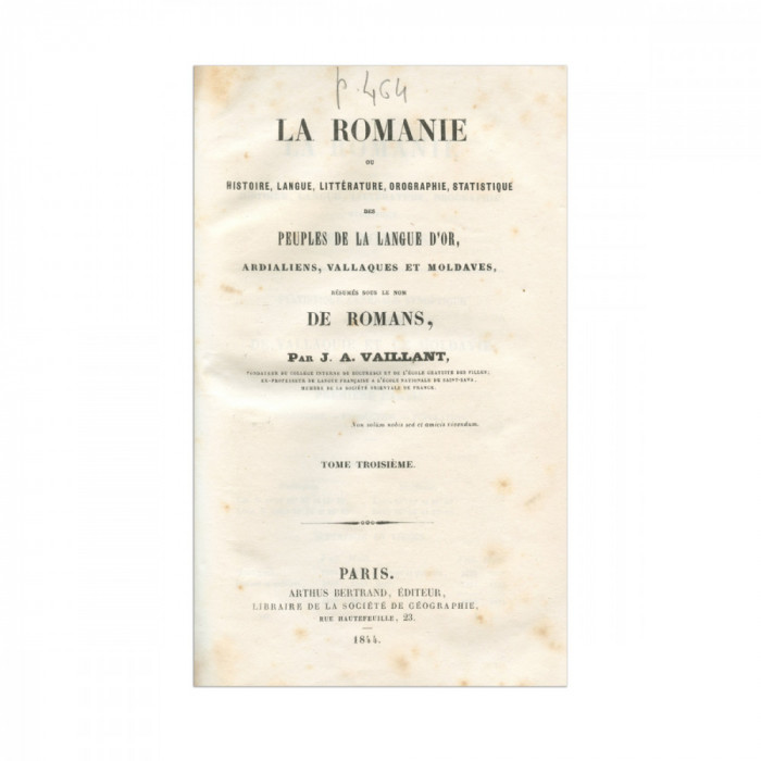 Jean-Alexandre Vaillant, La Romanie, tomul III, 1844
