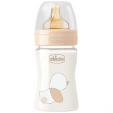 Biberon, Chicco, Original Touch, din Sticla, Tetina Cauciuc, Flux Lent, de la Nastere, Crem, 150ml