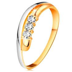 Inel cu diamant din aur 18K, bra?e ondulate bicolore, trei diamante transparente - Marime inel: 51 foto