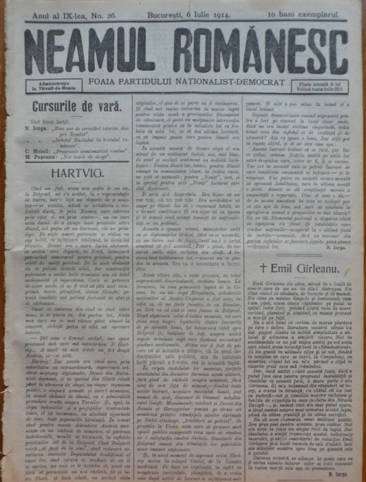 Ziarul Neamul romanesc , nr. 26 , 1914 , din perioada antisemita a lui N. Iorga