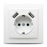 Priză USB 2.1A ELBI Racer Novelite Albă, Design Modern Standard German 1301-200, &Icirc;ncărcător Rapid Ideal Pentru Dormitor Birou Living Eficient