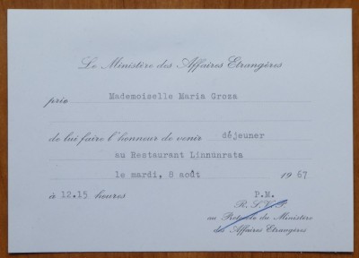 4 invitatii la receptii oficiale catre Maria Groza, anii 65, ONU, URSS, Argentina, Finlanda foto