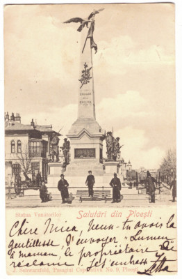 1529 - PLOIESTI, Hunters Statue, Romania - old postcard - used - 1901 foto