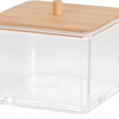 Organizator pentru betisoare de urechi, 9.5x9.5x8.5 cm, poliester/bambus, transparent