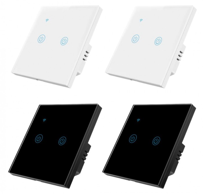 Set 4 Intrerupatoare Wi-Fi duble cu touch Brius&trade;, nul, sticla securizata, LED noapte/zi, Tuya, Life Smart, compatibil Amazon Alexa/Google Assistant, r
