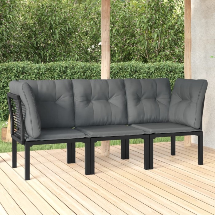vidaXL Set mobilier de grădină cu perne, 3 piese, negru/gri, poliratan 3187731