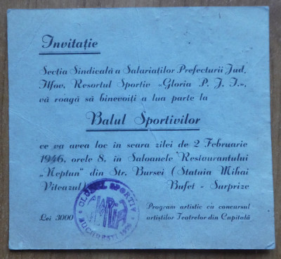 Restaurant Neptun , str. Bursei , Invitatie la Balul Sportivilor , 2 Febr. 1946 foto