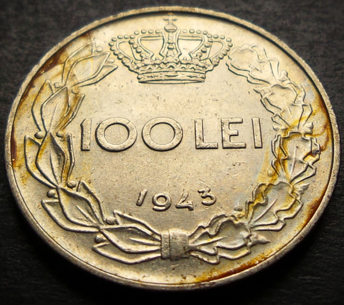 Moneda istorica 100 LEI - ROMANIA, anul 1943 *cod 3379 B = LUCIU de BATERE