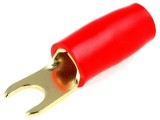 Terminal furcă M4 10mm&sup2; aurit, izolată roşie