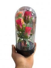 Trandafir in cupola, suport plastic, cu baterie, iluminat cu leduri, 20 cm, foto