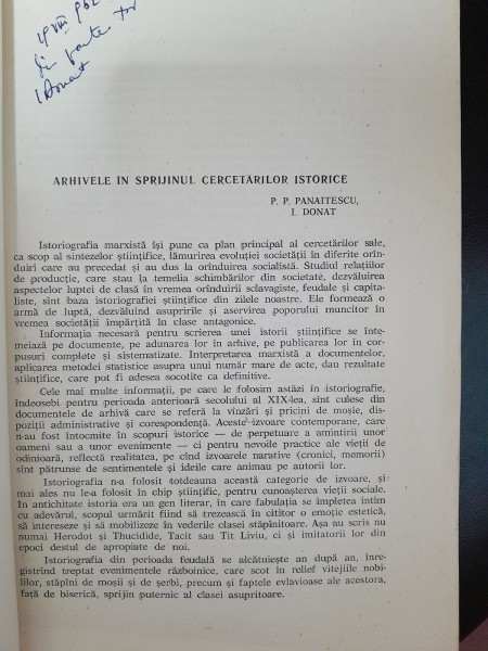Arhivele in sprijinul cercetarilor istorice - P.P. Panaitescu, I. Donat dedicatie I.Donat