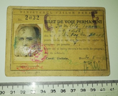 BILET DE VOIE PERMANENT - MINISTERUL CAILOR FERATE 1957 foto