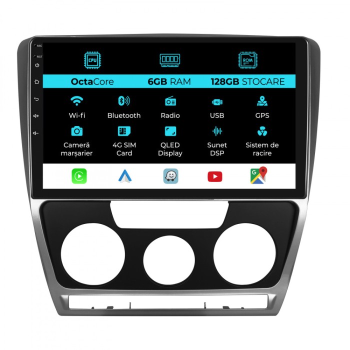 Navigatie Dedicata Skoda Octavia 2 (2004 - 2013), 10Inch, 6Gb Ram, 128Gb Stocare, Bluetooth, WiFi, Carplay
