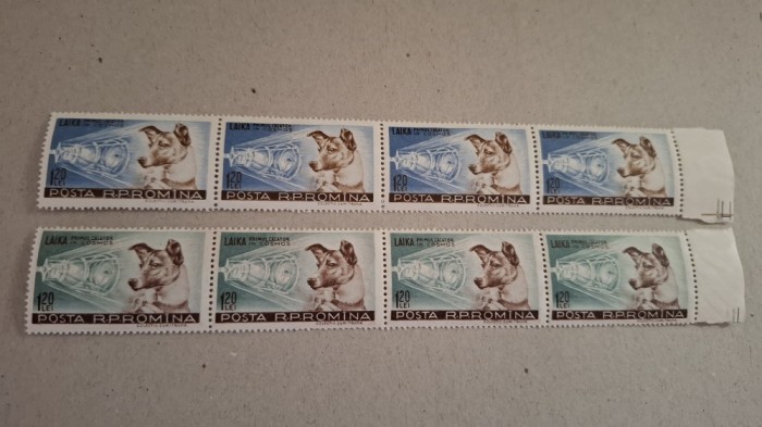 Romania MNH 1957 - Catelusa Laika Primul Calator in Cosmos - LP 447 X4 (straif)