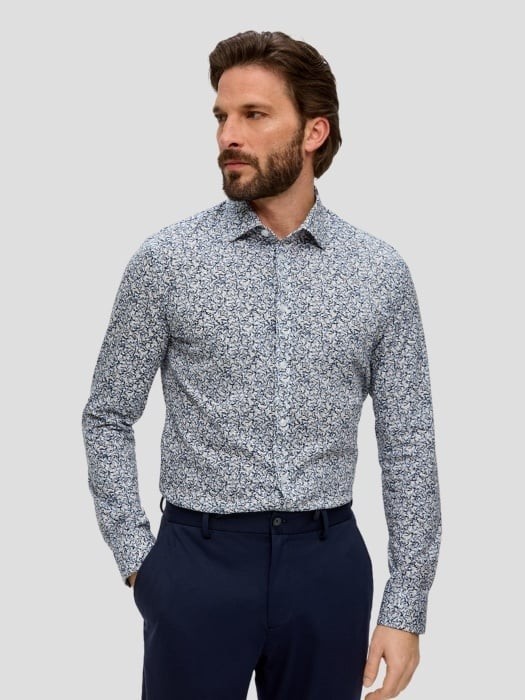 Camasa barbati cu maneca lunga din jerse de bumbac si imprimeu floral, Albastru, 42