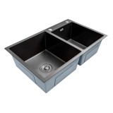 Chiuveta dubla bucatarie B&Ouml;HM BH7849DBA, inox alimentar SUS304, 780 x 490 x 220 mm, 2 cuve, finisaj Negru, sifon inclus