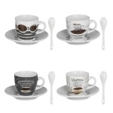 Set Cești Cafea 4 Bucăți, Ceramică, Multicolor, Capacitate 90 ml, Farfurii și Lingurițe Incluse, Oem