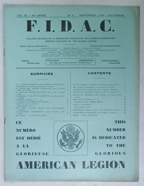 FIDAC , BULLETIN MENSUEL DE FEDERATION INTERALIEE DES ANCIENS COMBATTANTS , NO. 9 , 1927