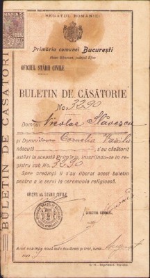 A1047 Buletin de căsătorie, 1923, București foto